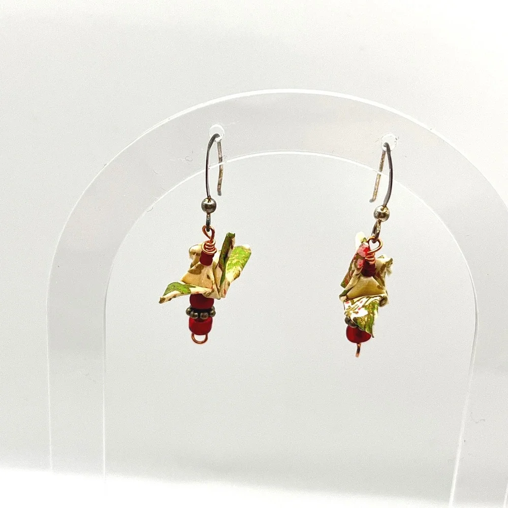 Origami Crane Paper Drop Earrings Sterling Silver Hooks‎ Green Floral Red Beads
